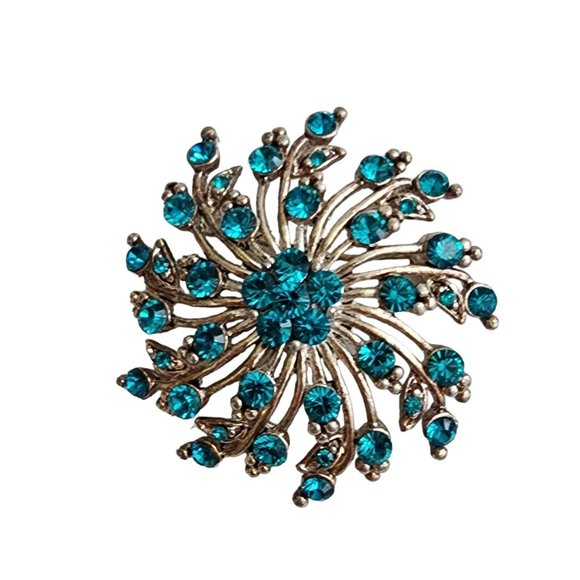Vintage Turquoise Rhinestone Crystal Flower Swirl Blue Pin Brooch - Picture 12 of 16
